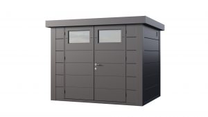 The Eleganto 2721 steel metal shed in Anthracite