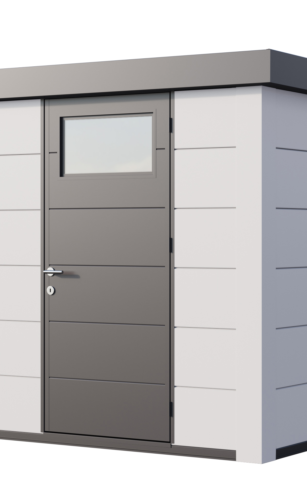 The Eleganto metal steel shed in white showing the door detail with glass.