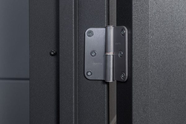 The Eleganto stainless steel door hinge detail with the building in Anthracite