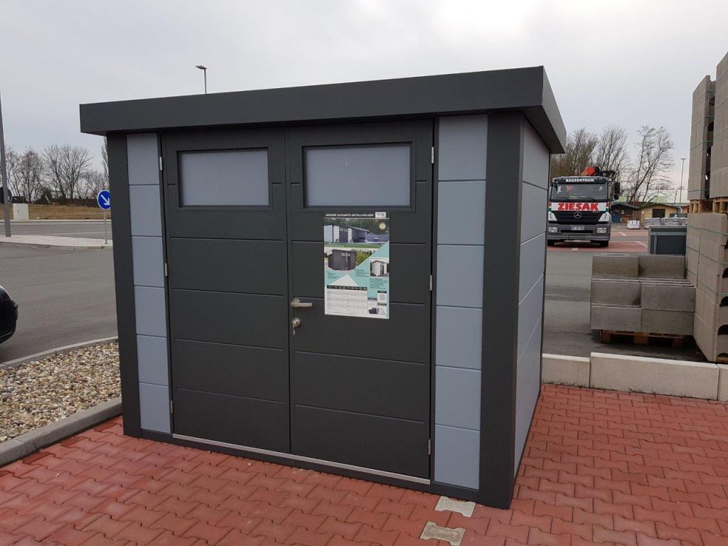 A Photo of The Eleganto 2721 Metal Steel Shed in a Display Site in nLKight Grey