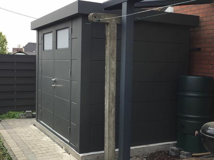 A 2nd Angled Photo of The Eleganto 2724 Metal Steel Shed in a Display Site in Anthracite
