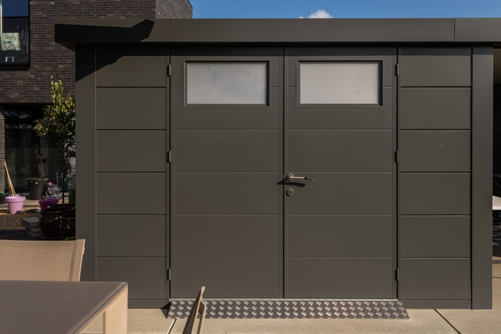 A Face-on Photo of The Eleganto 3330 Metal Steel Shed in Anthracite