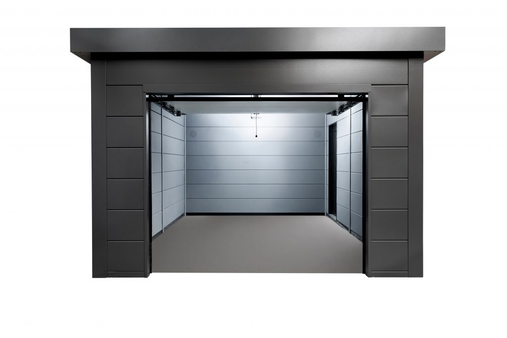 The Garage Series In Anthracite Showing The Garage Door Open And The Optional Internal Wall Panels