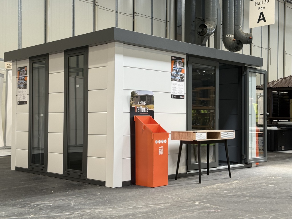 The Telluria Luminato 3930 steel garden office in white at GLEE 2026 NEC Birmingham