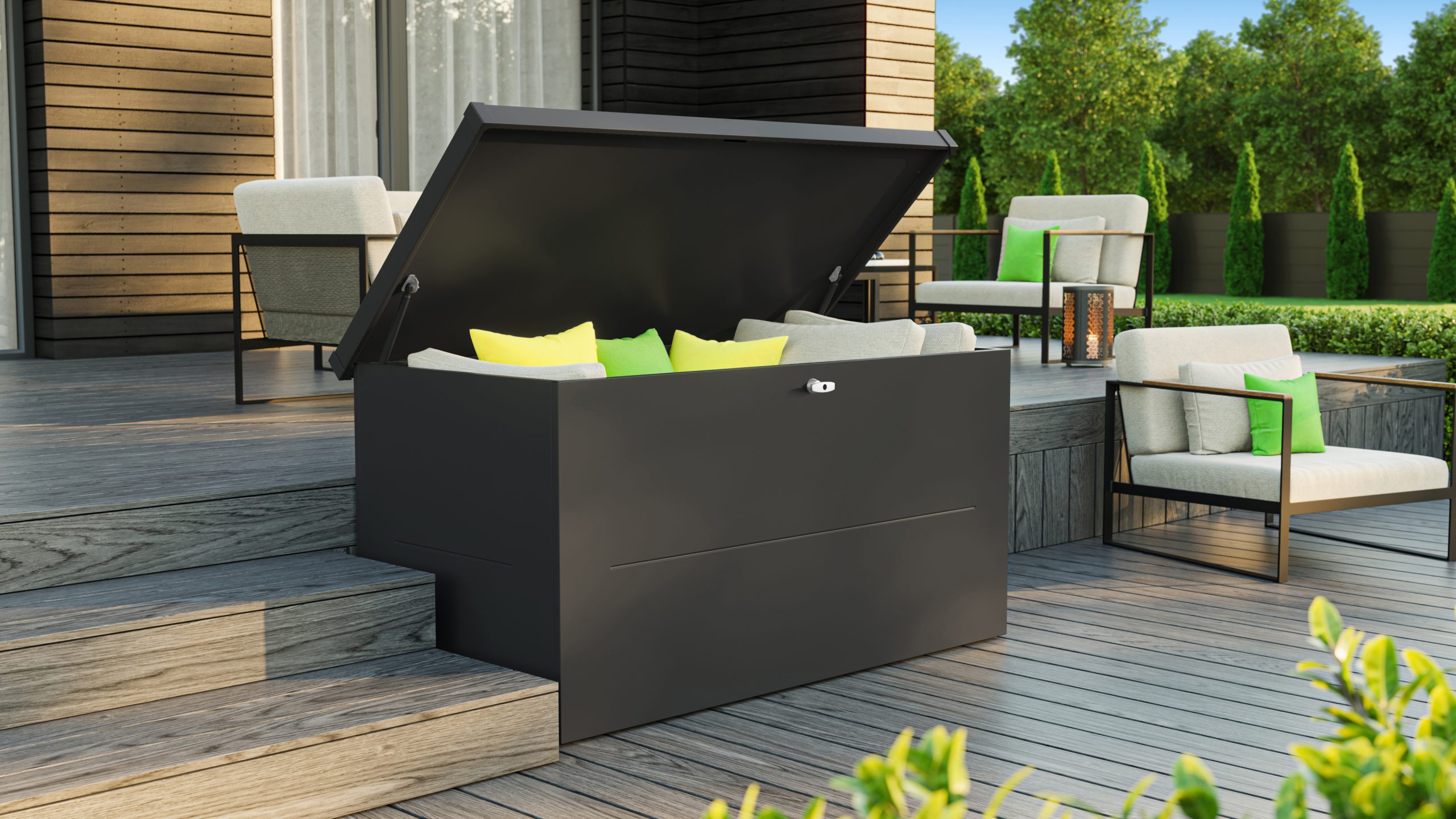 The Telluria Nevio 160 steel garden box in anthracite grey sitting on a patio